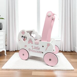 リトルプリンセス人形ベビーカー、ベビーウォーカー、木製押し車、1歳の誕生日の女の子、プリンセス人形バギー、12ヶ月の赤ちゃんのおもちゃ、おもちゃ用カート、