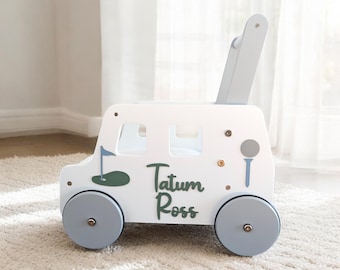 Custom wooden push wagon, personalized golf cart, master's first birthday gift, baby shower present