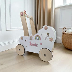 Personalized Wooden Doll Stroller: Rainbow Baby Walker, Handmade Toy