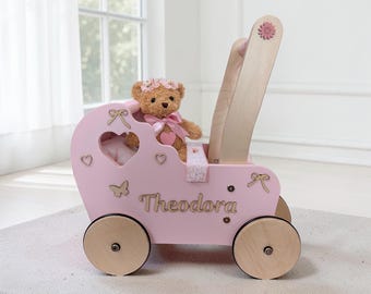 Personalized Pink Wooden Doll Stroller: Baby Walker, 1st Birthday Gift, Push toy