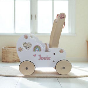 Personalized Rainbow Doll Stroller: Wooden Baby Walker, 1st Birthday Gift