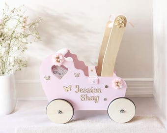 personalized doll carriage, doll buggy with name, baby walker for toddler, handmade push toy, one year old toy, 1st birthday girl toy, cart