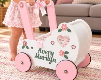 Personalized Wooden Baby Walker, Floral Doll Stroller, First Birthday Gift
