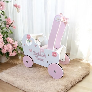 Houten poppenwagen, poppenwagen, loopstoeltje, poppenbuggy, babyduwwagen, speelgoed van een jaar oud, 1e verjaardag, peutercadeau, trolley