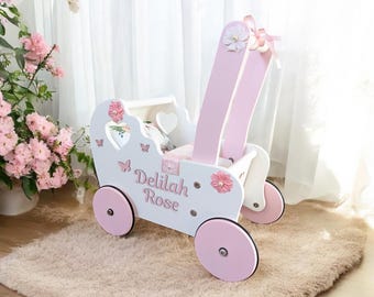 Personalisierter hölzerner Puppenkinderwagen: Lauflernwagen, 1.Geburtstagsgeschenk