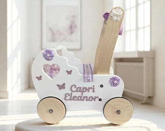 Lila Schmetterling, Lauflernhilfe, Holzpuppe, Kinderwagen mit Bettwäsche, Wagen, individuelles Babygeschenk