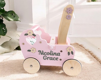 Personalisierter Blumen Puppen Kinderwagen: Handgemachter Baby Walker, Geschenk 1.Geburtstag