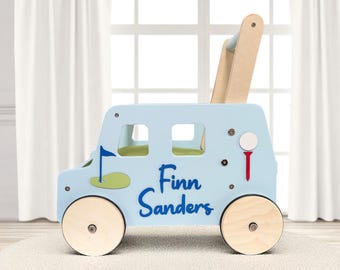 Masters party decor, golf cart for toddler, keepsake baby gift, wooden push walker