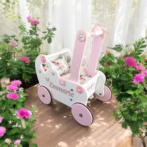 poppenwagen met naam, gepersonaliseerde babypoppenwagen, loopwagen, houten duwspeelgoed, 1e verjaardag meisje, babyspeelgoed 12 maanden, poppenbuggy