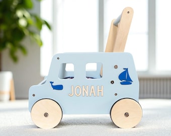 Personalized Baby Walker Wagon: Blue Wooden Push Toy, sailboat decor nursery, Nautical First Birthday