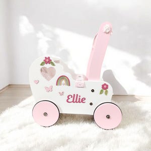 Personalized Wooden Doll Stroller: Rainbow Baby Walker, Floral Bedding