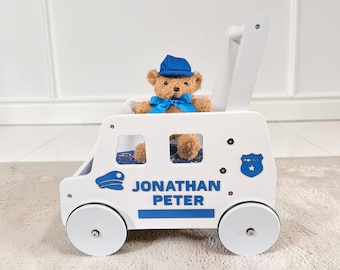 Police car baby walker, 1st birthday gift, wooden push cop car, toddler wagon