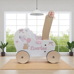 Personalized bear Wooden Doll Stroller: Baby Walker, Shower Gift