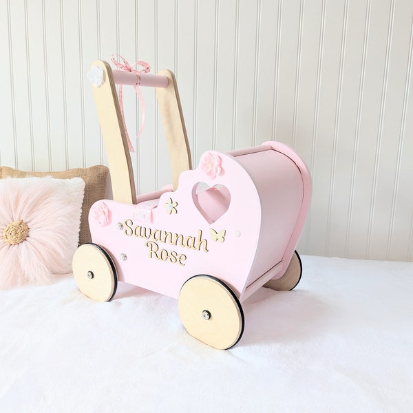 baby walker, wooden doll stroller, carriage, buggy, baby walker, push toy, one year old toy, handmade stroller, 1st birthday, doll toy, pram