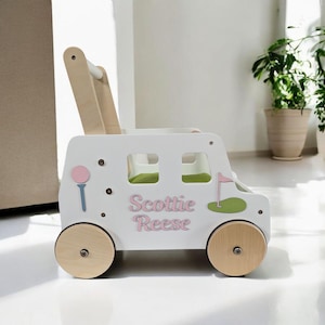 Golf cart for a girl, push walker, wagon for toys, 1st birthday girl, car pusher, hole in one, wooden golf cart, doll stroller, baby walker