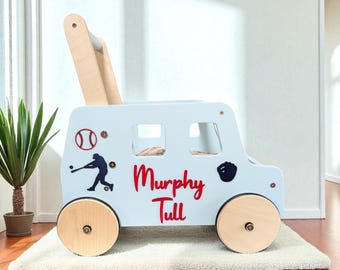Personalized Baseball Baby Walker, custom wooden push toy, sports theme toddler wagon, walking toy