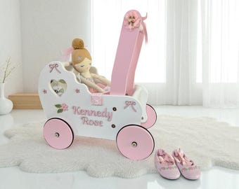 bow toddler walker, wooden doll stroller, doll carriage with name, doll buggy, toddler push toy, one year old gift, 1st birthday girl gift
