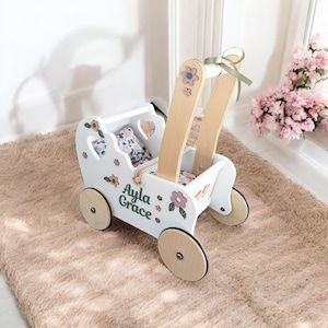 boho doll stroller, doll carriage with name, toddler learning walker, 1st birthday girl, baby walker, baby push toy, one year old toy