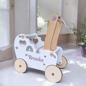 木製の人形用バギー、馬車、ベビーウォーカー、押し車、ワゴン、トロリー、カート、1歳児用おもちゃ、1歳の誕生日、人形用おもちゃ、押し車、ベビーシャワーギフト