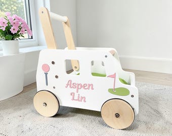 Personalized golf baby walker for girls, Custom wooden push stroller, pink golf nursery decor