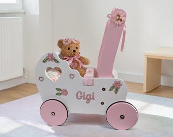 Personalisierter hölzerner Puppenkinderwagen: Lauflernwagen, 1.Geburtstagsgeschenk