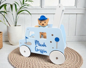 Personalized Wooden Baby Walker: Golf Cart Push Toy, 1st Birthday, golf nursery, masters party
