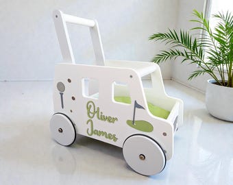 Golf cart with name, sports themed nursery, wooden push walker, Golf first birthday party