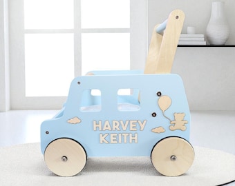 Personalized Teddy Bear Baby Walker, Custom Wooden Push Toy, First Birthday Gift Boy