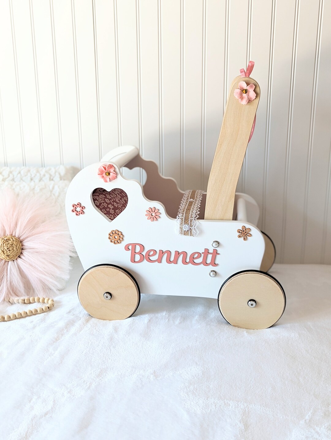 Pram, Wooden Doll Stroller, Carriage, Buggy, Baby Walker, Push Toy, One Year Old Toy, Handmade