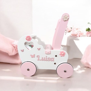 doll stroller with name, wooden carriage, push toy, baby walker, wagon, doll pram, baby doll toy, 1st birthday, push walker, cart, trolley