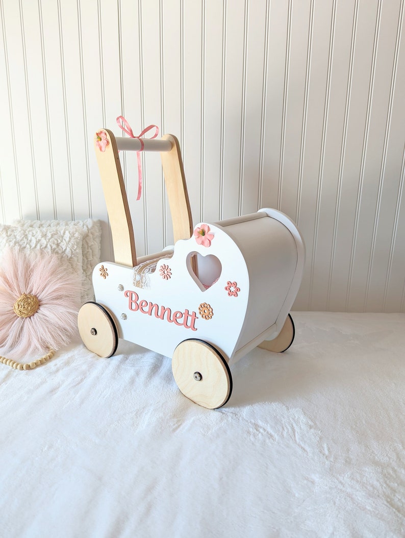 Pram, Wooden Doll Stroller, Carriage, Buggy, Baby Walker, Push Toy, One Year Old Toy, Handmade