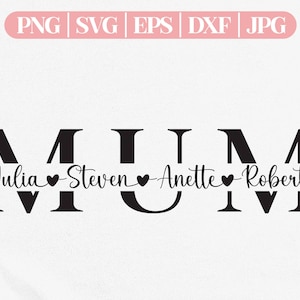 May include: Black and white graphic design with the word "MUM" in large bold letters. Below the letters are the names "Julia", "Steven", "Anette", and "Robert" with a heart symbol between each name.