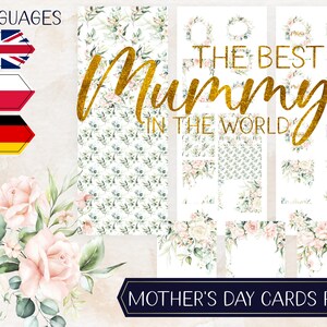 Afdrukbare Mothers Day Digital Paper Pack Scrapbooking Set Kaartmaken Engels Duits Pools tekst, dzien matki, dzien mamy, beste mama