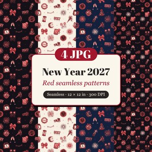 New Year 2027 Seamless Pattern, Red Digital Paper, Ruby Party Background, Fabric