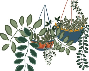 Print of hanging baskets with plants