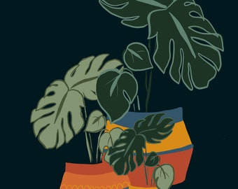 Print of house plants, cheese plant, monstera