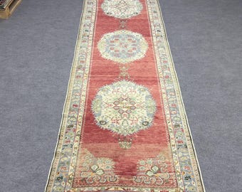 Vintage Turkish Oushak Wool Runner Rug, Anatolian Entryway Rug 3’4”x12’9”