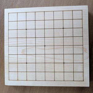 Puede incluir: Un tablero de Go de madera clara con una cuadr&iacute;cula de l&iacute;neas negras. Cuatro piezas negras est&aacute;n colocadas en el tablero. El tablero es rectangular y est&aacute; sobre una superficie de madera.