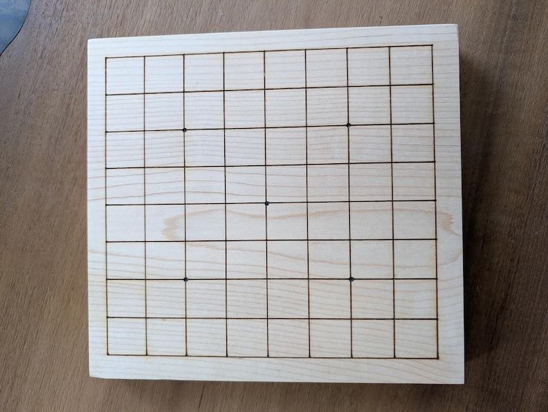 Puede incluir: Un tablero de Go de madera clara con una cuadr&iacute;cula de l&iacute;neas negras. Cuatro piezas negras est&aacute;n colocadas en el tablero. El tablero es rectangular y est&aacute; sobre una superficie de madera.