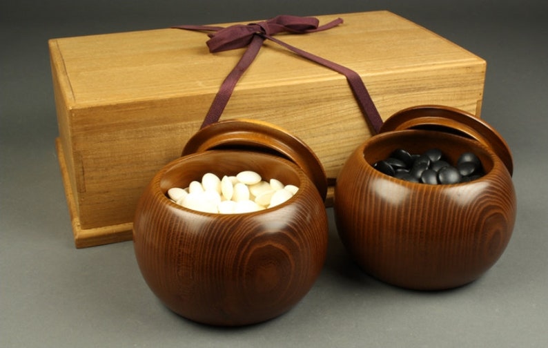 Go Game Floor Board Set, Kaya Goban With Legs, High Class Bowls, Slate