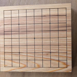 Puede incluir: Un tablero de Go de madera con una cuadr&iacute;cula de l&iacute;neas negras. El tablero es de madera clara y tiene forma rectangular. Varias piezas negras est&aacute;n colocadas en el tablero. El tablero est&aacute; dise&ntilde;ado para el juego de estrategia Go.