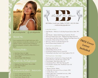 Editable Sage Green Sorority Recruitment Resume Template With Photo, Floral Design, Customizable Text, Matching Cover Letter Included