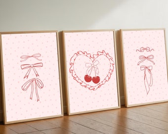 Láminas de Cherry Coquette: Arte de pared con lazos rosas, juego de 3 (descarga digital)