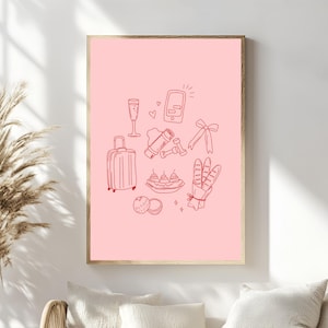 May include: A pink printable wall art print with red line drawings of a suitcase, champagne flute, dumbbells, a phone, a bow, bread, and coconuts.