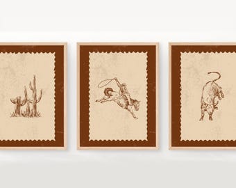 Rustic Cowboy Stamp Art Prints, Western Home Decor (Digital Download)