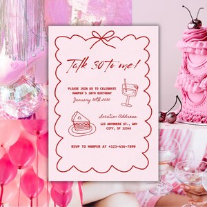 Editable Talk 30 To Me Birthday Invitation, 30th Birthday Invite Template, Printable Women&#39;s Party Invite, Instant Download 5x7, Pink & Red