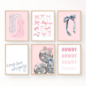 Long Live Cowgirls Trendy Pink Bows Wall Art Set of 6, disco ball Prints coastal cowgirl lucky girl coquette room decor girly room aesthetic
