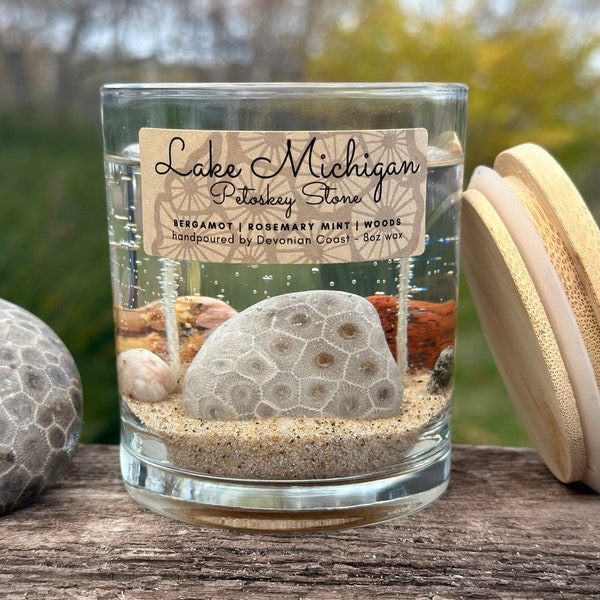 2-Wick Petoskey Stone Beach Gel Candle | Burn the Candle Keep the Treasure! | Pure Lake Michigan Gift | Wedding Favor | Cottage Decor