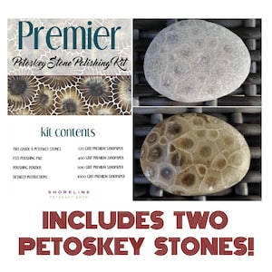 Premier Petoskey Stone Polishing Kit | Includes TWO Grade A Raw Petoskey Stones | Pure Michigan Gift | Home Schooling Fossil Science Project