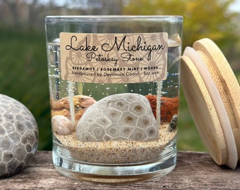 2-Wick Petoskey Stone Beach Gel Candle | Burn the Candle Keep the Treasure! | Pure Lake Michigan Gift | Wedding Favor | Cottage Decor